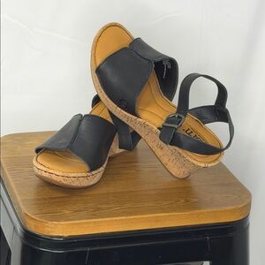 Born Black Leather Sandals with Cork Wedge